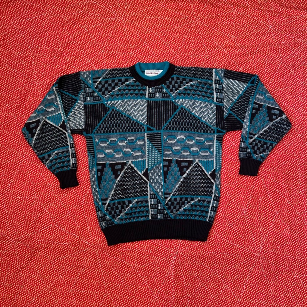 Vintage McGregor Geometric Knit Sweater Teal Black White Crewneck Large